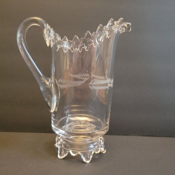 Vintage Clear Glass Etched Fern Pattern Pitcher With Ruffled Edge & Handle - Picture 1 of 11